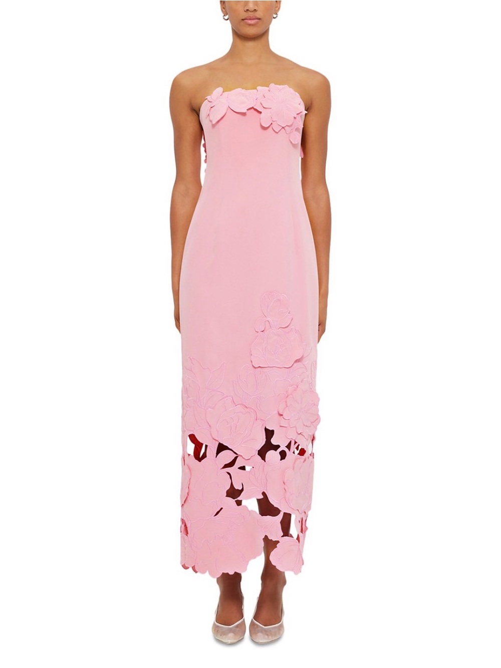 Strapless Pink Floral-Appliqué Midi Dress